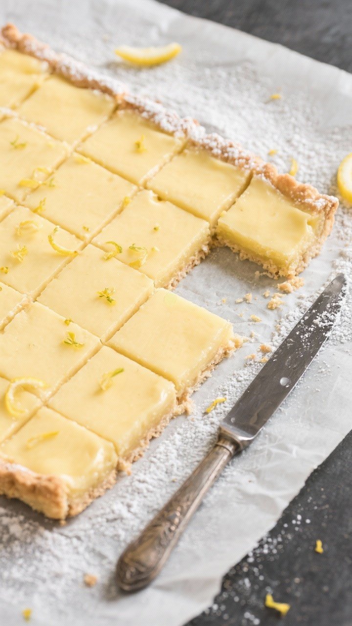Tasty top view: Overhead shot of a chilled slab of lemon pie bars on parchment, trimmed edges for su