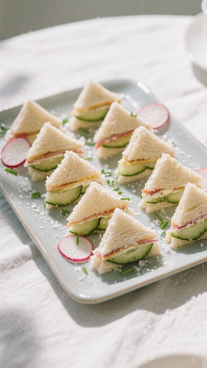 Tasty top view: Overhead shot of a chilled tray of finished tea sandwiches cut into neat fingers and