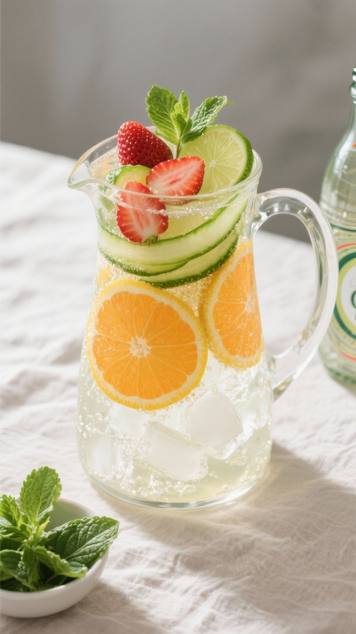 Tasty top view: Overhead shot of a clear glass pitcher fully built and ready to serve, showing layer