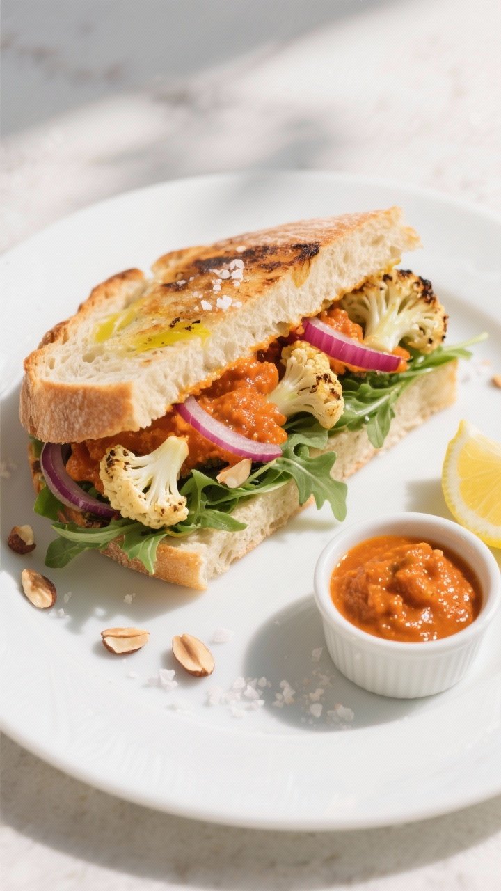 Tasty top view: Overhead shot of a fully assembled romesco cauliflower sandwich sliced on a diagonal