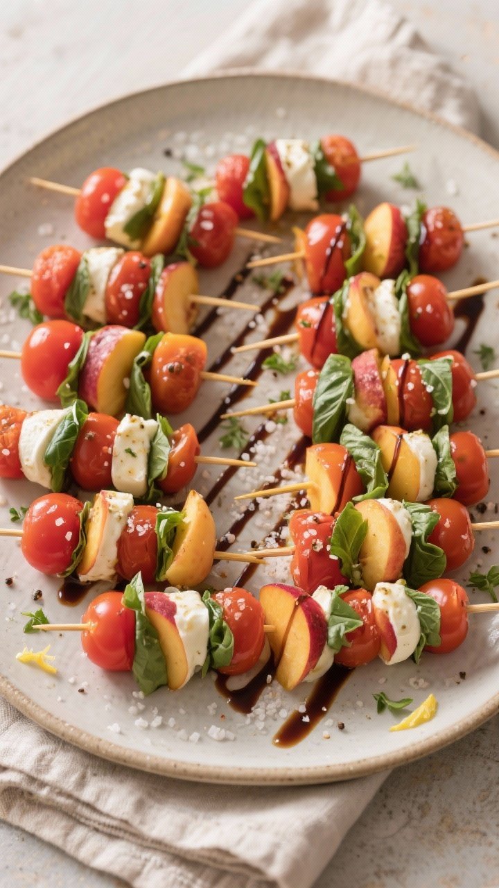 Tasty top view: Overhead shot of a large platter of assembled caprese skewers arranged in tight rows