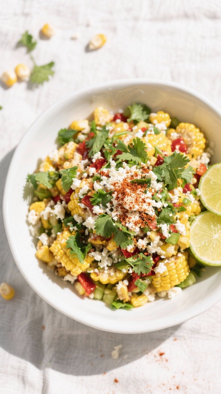 Tasty top view: Overhead shot of a large serving bowl of Mexican Street Corn Salad, finished with ex