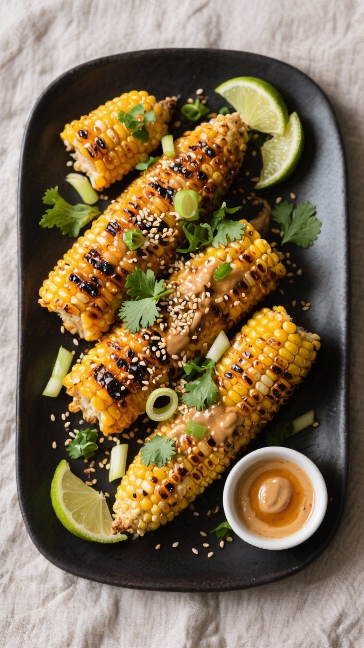 Tasty top view: Overhead shot of a platter of braaied corn brushed with extra miso butter, sprinkled