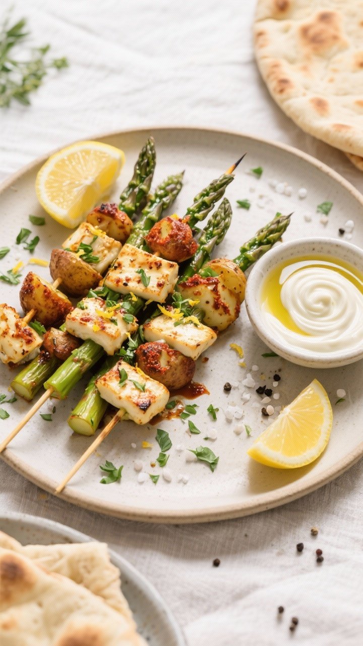 Tasty top view: Overhead shot of a platter of finished harissa potato, halloumi, and asparagus kebab