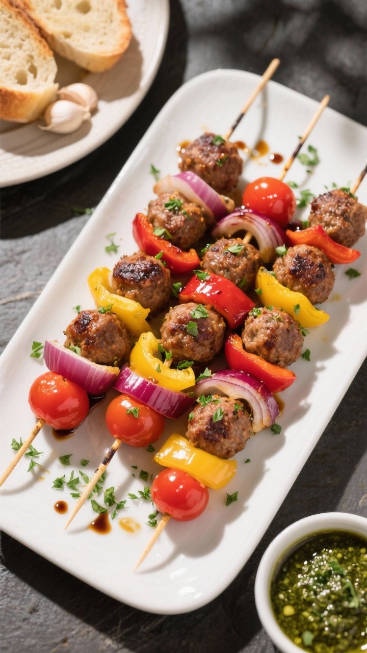 Tasty top view: Overhead shot of a platter of finished meatball kabobs arranged in alternating color
