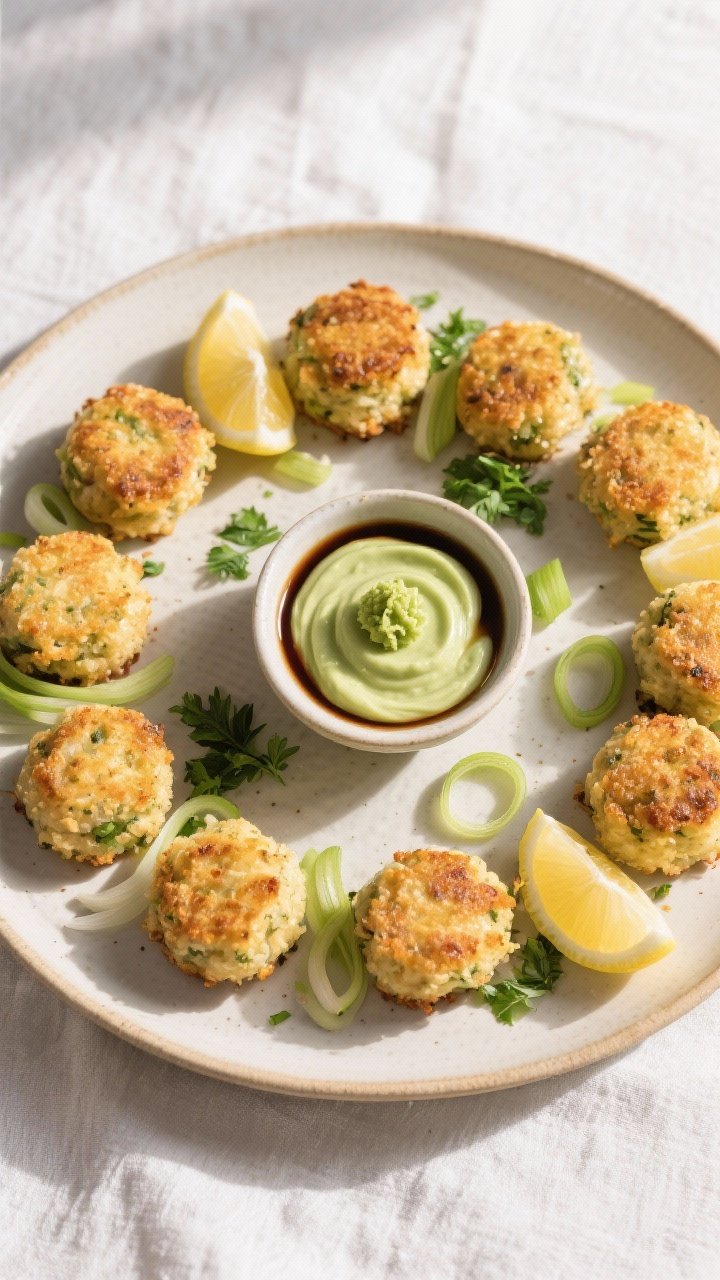 Tasty top view: Overhead shot of a serving platter with mini wasabi crab cakes arranged in a circle,