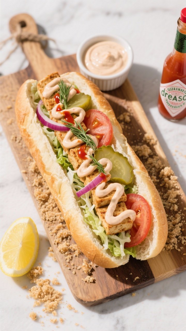 Tasty top view: Overhead shot of an assembled Tofu Po’ Boy split baguette “dressed” with shred