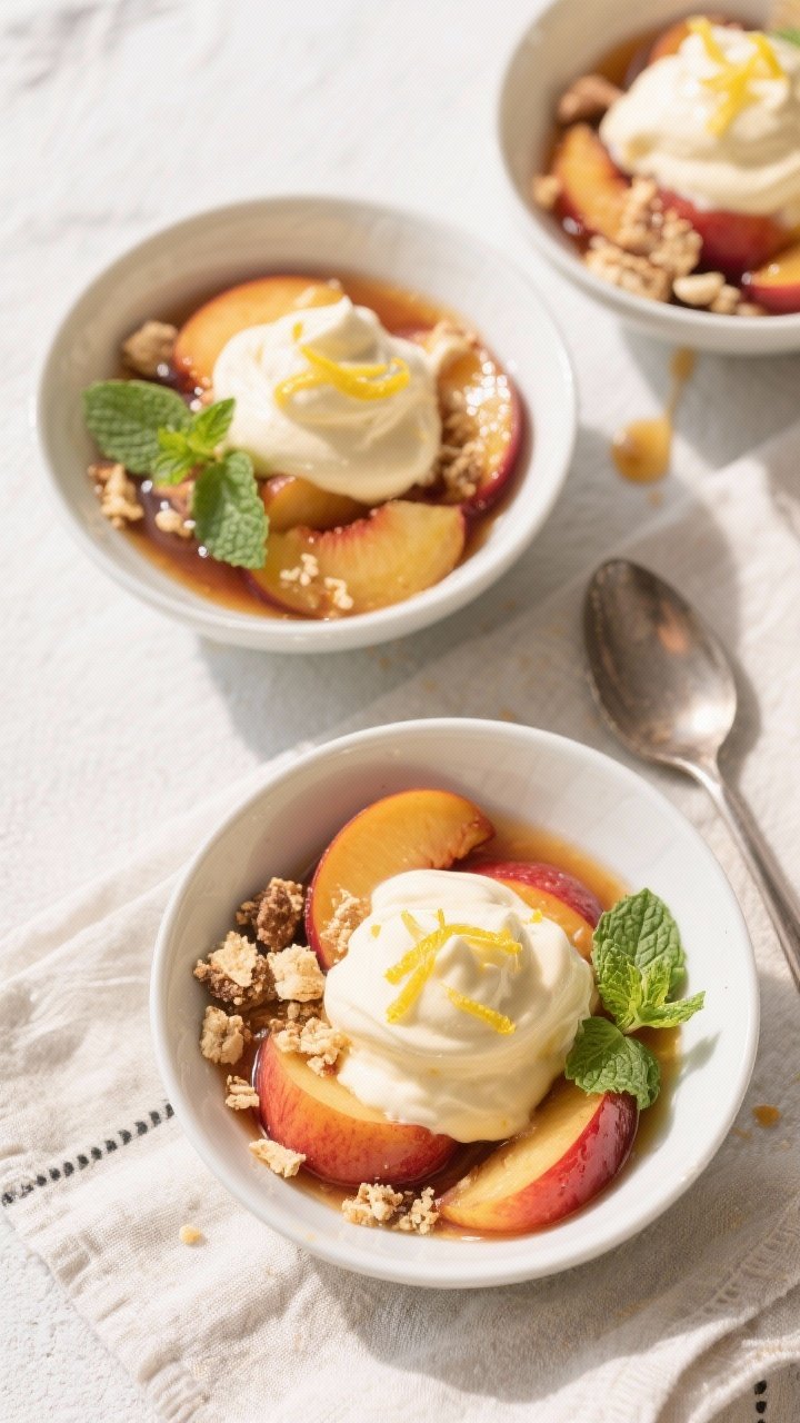 Tasty top view: Overhead shot of assembled dessert bowls—cool macerated stone fruit pooled in thei
