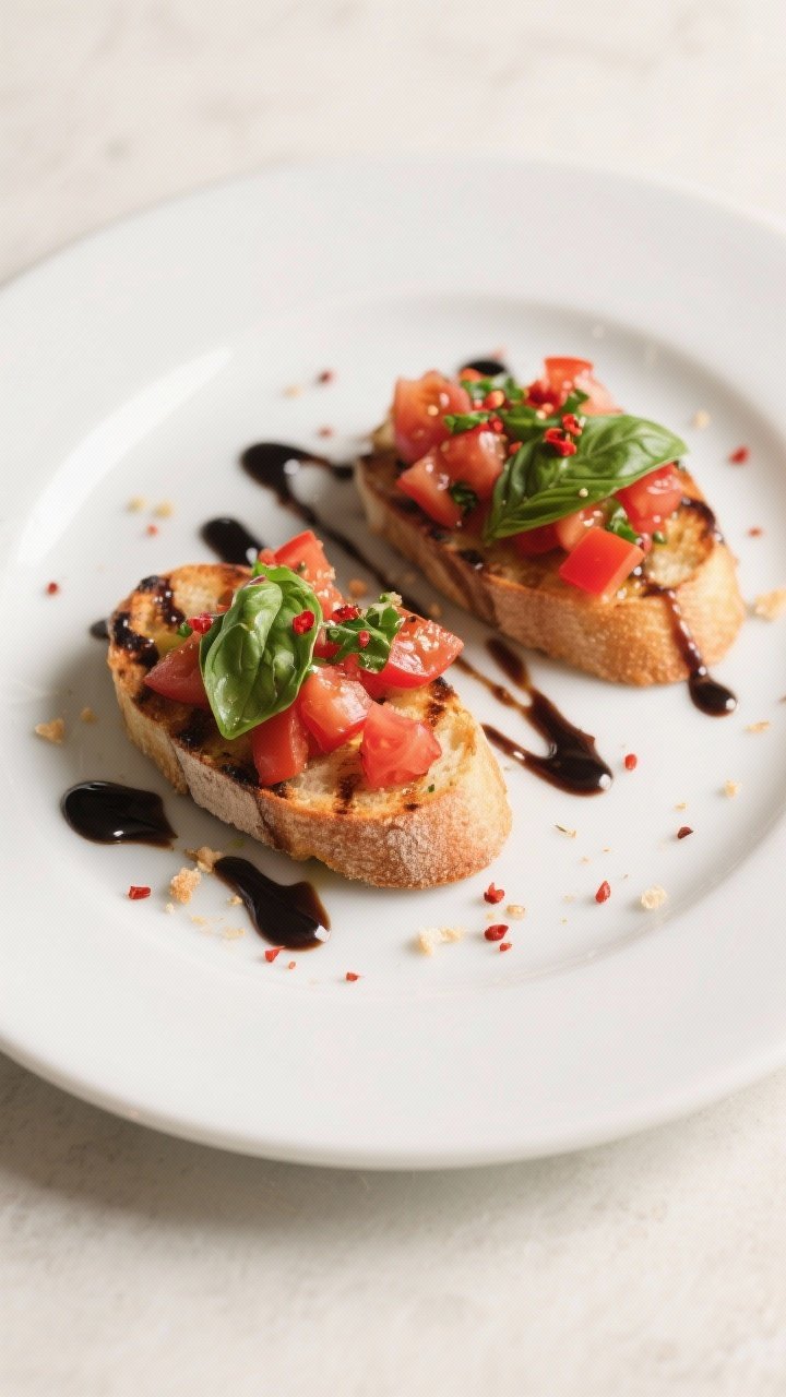 Tasty top view: Overhead shot of assembled grilled bruschetta topped with diced ripe tomatoes, chopp