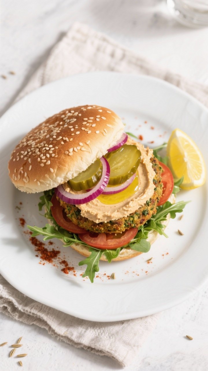 Tasty top view: Overhead shot of assembled herby falafel burger on a soft toasted bun spread generou