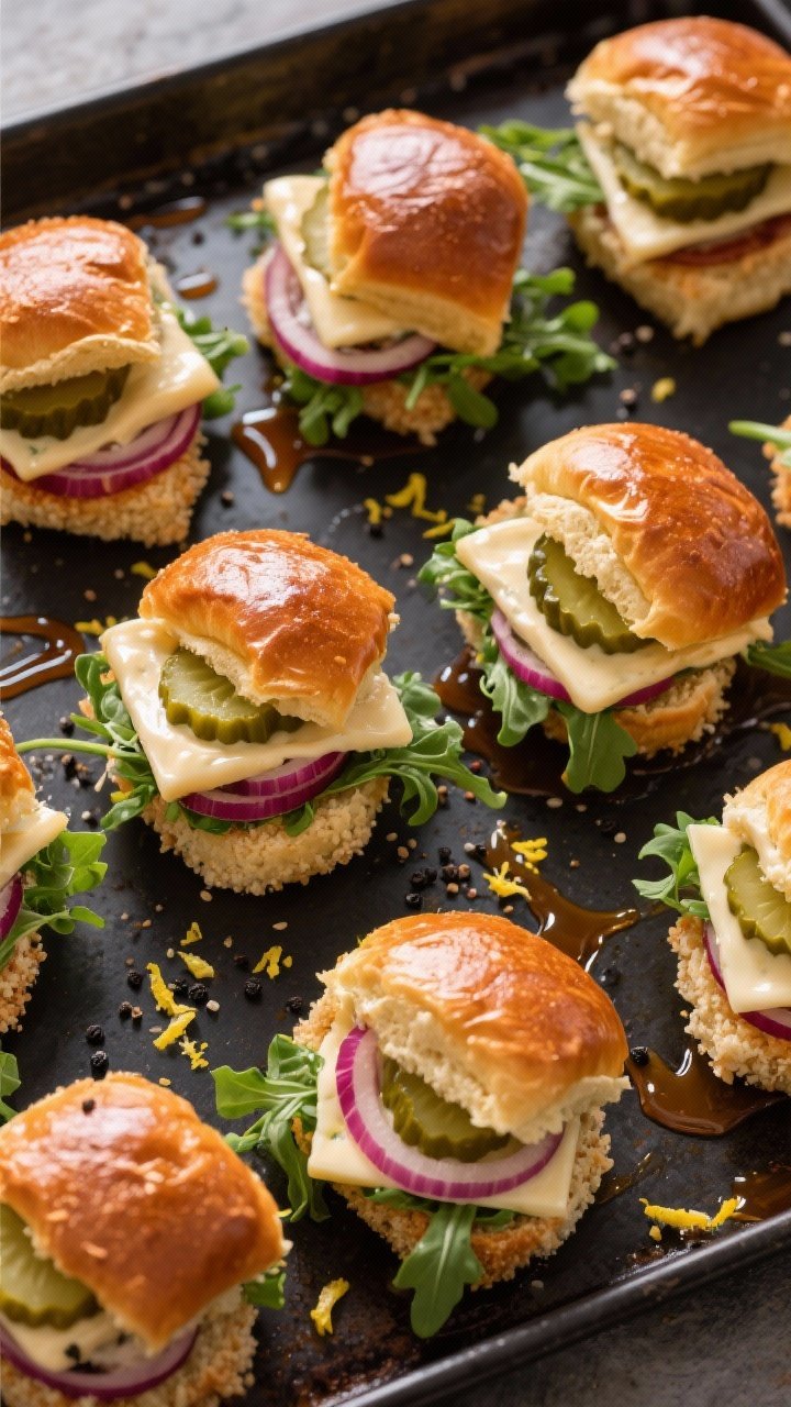 Tasty top view: Overhead shot of assembled Panko Goat’s Milk Cheese Sliders on a dark sheet pan, a