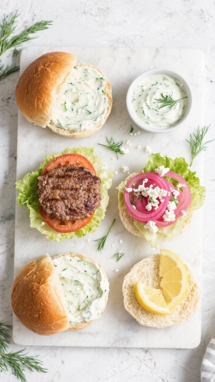 Tasty top view: Overhead shot of assembly—bottom buns spread with creamy tzatziki (visible cucumbe