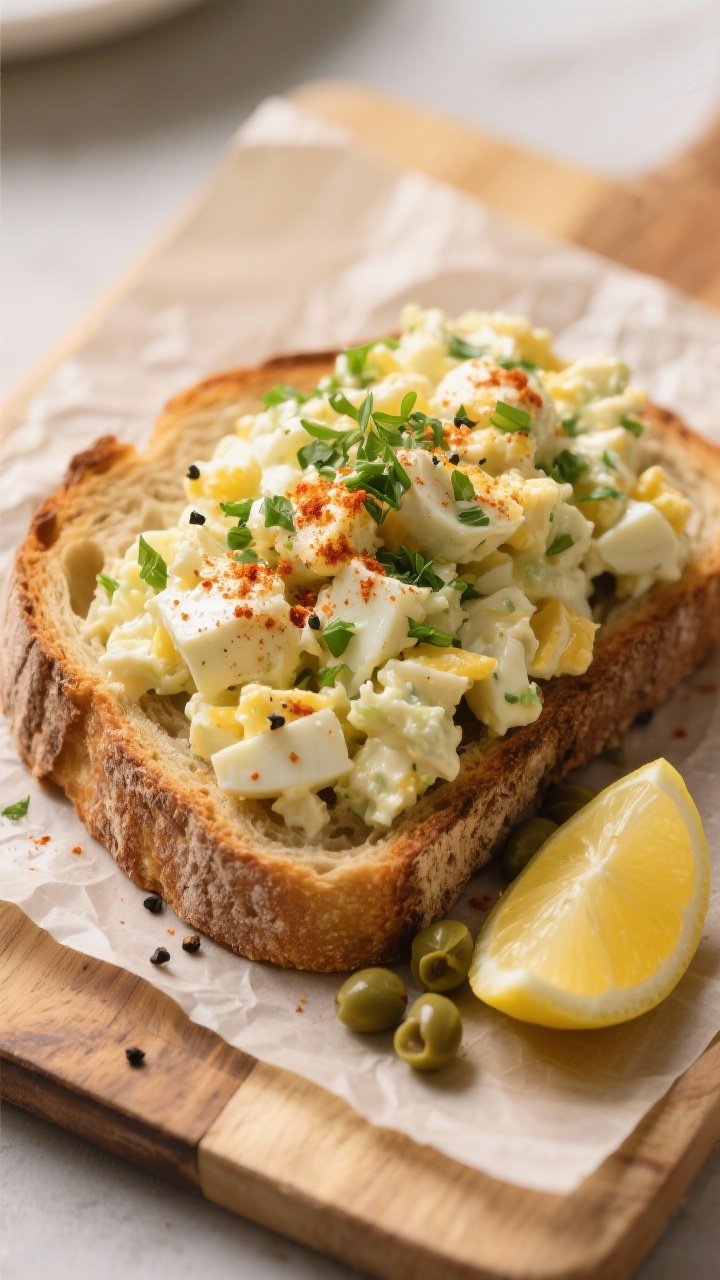 Tasty top view — overhead shot of egg salad piled generously on toasted sourdough, topped with ext