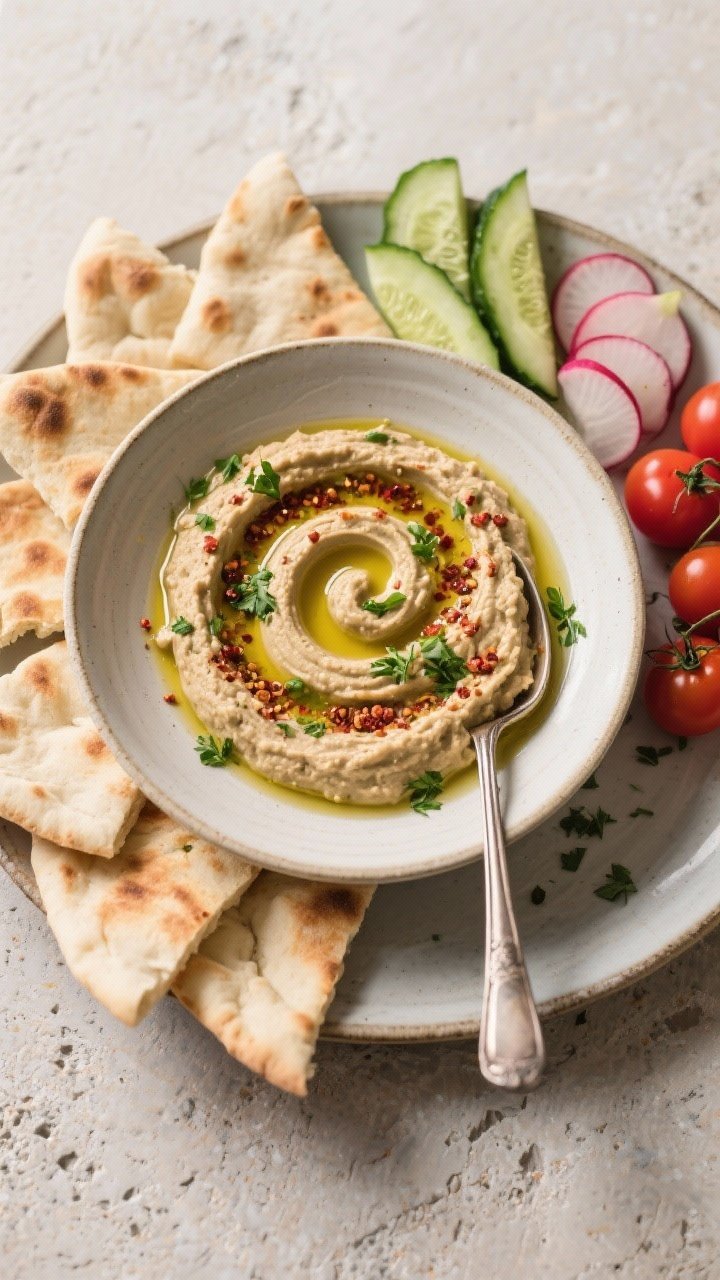Tasty top view: Overhead shot of finished baba ganoush in a wide, shallow plate with spoon-made swir