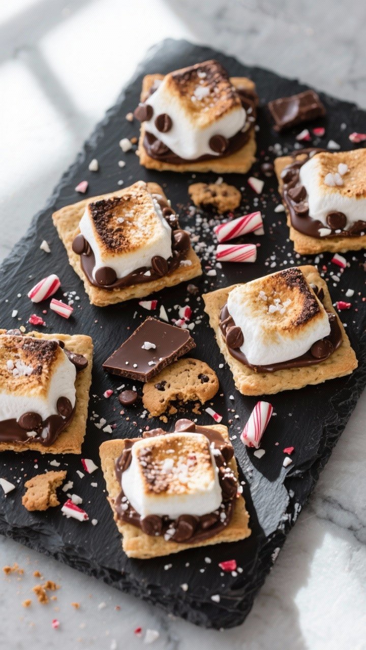 Tasty top view: Overhead shot of finished Choc Chip Peppermint S’mores arranged on a dark stone bo