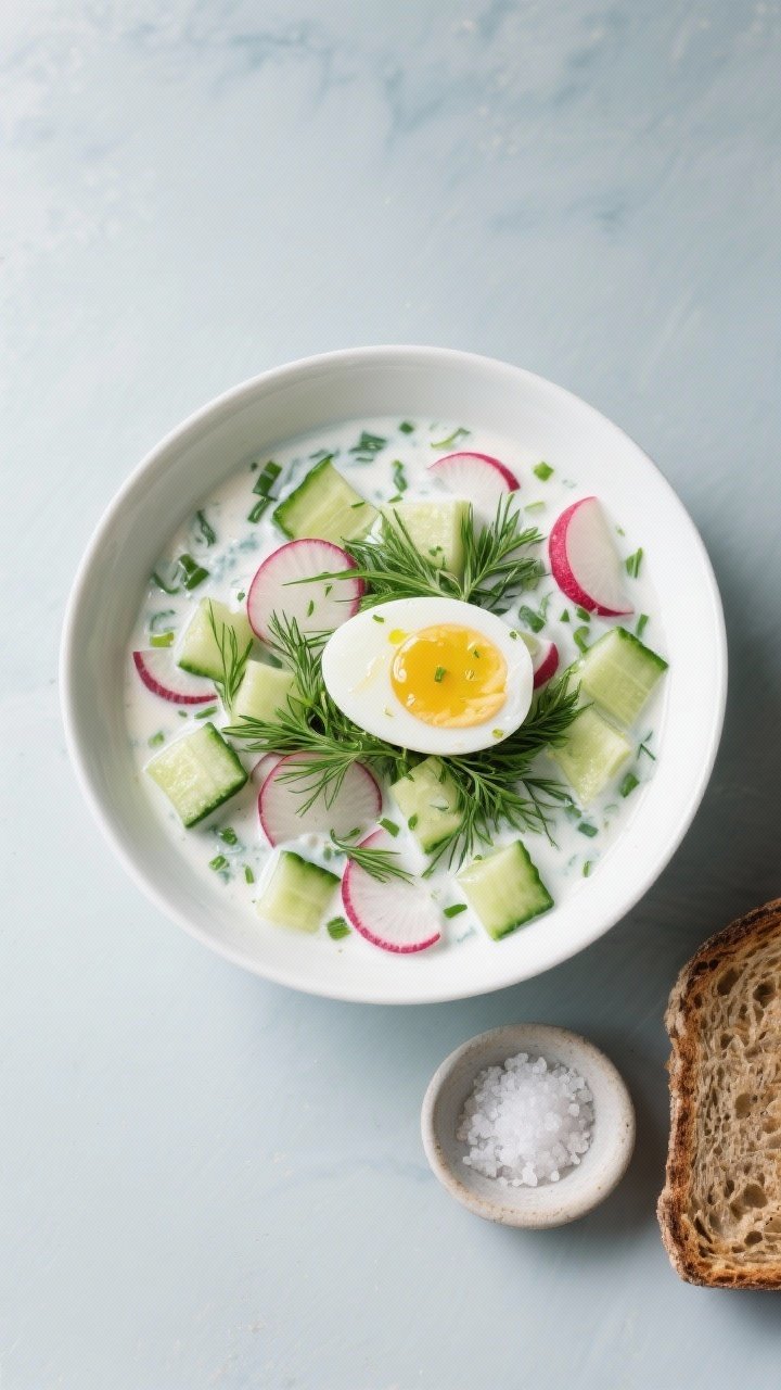 Tasty top view: Overhead shot of fully plated chlodnik in a wide, white rimmed bowl, showing tidy di
