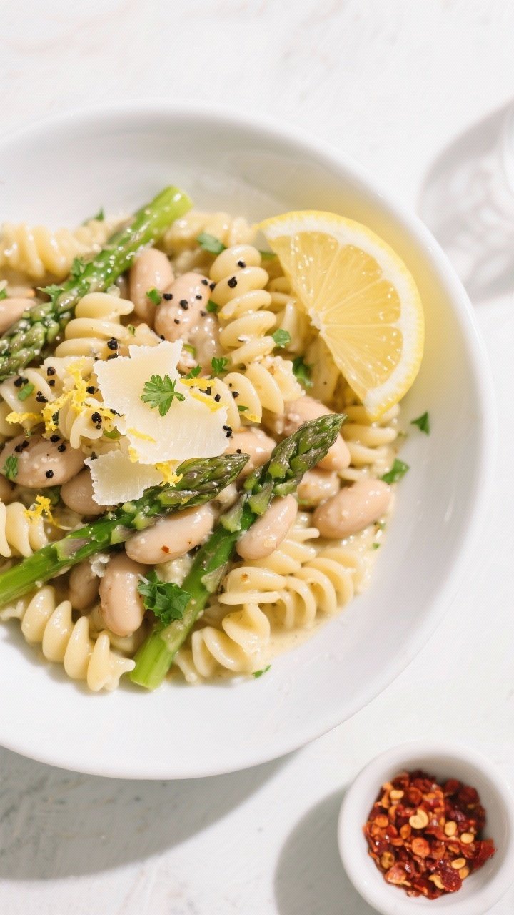 Tasty top view: Overhead shot of Lemon & Asparagus Cavatappi with Cannellini Beans in a wide, shallo