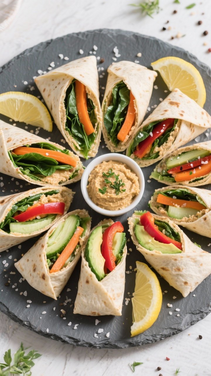 Tasty top view: Overhead shot of multiple wrap halves arranged in a pinwheel on a matte slate platte