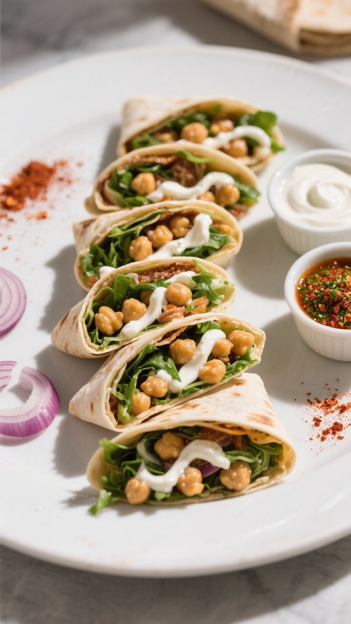Tasty top view: Overhead shot of sliced chickpea shawarma wraps arranged in a staggered pattern on a