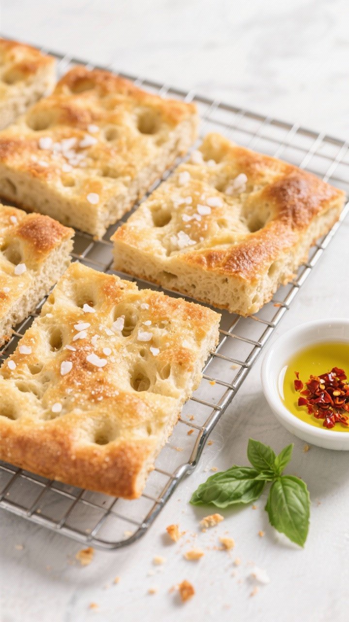 Tasty top view: Overhead shot of sliced focaccia squares on a wire rack, showcasing a well-browned b