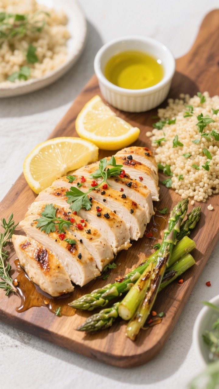 Tasty top view: Overhead shot of sliced lemon and herb grilled chicken breast arranged in fanned pie
