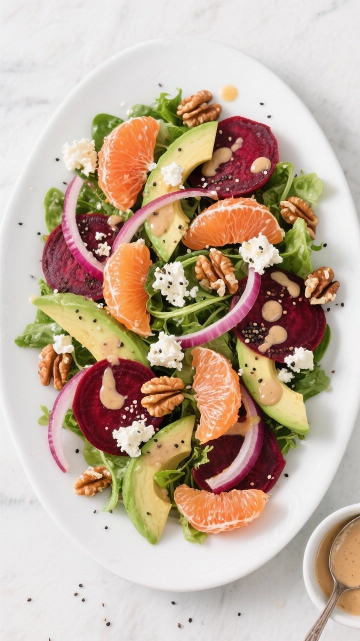 Tasty top view: Overhead shot of the assembled Beet Salad with Poppyseed Dressing on a wide white pl