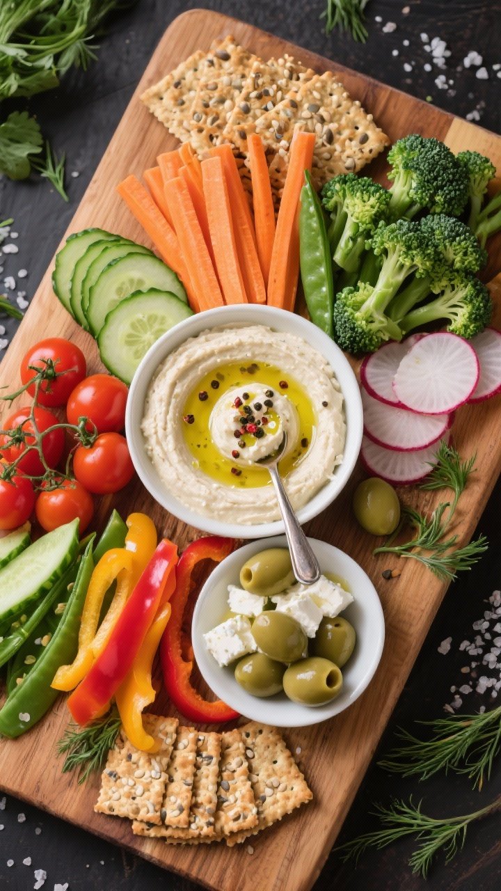 Tasty top view: Overhead shot of the assembled crudité platter—central bowl of white bean dip wit