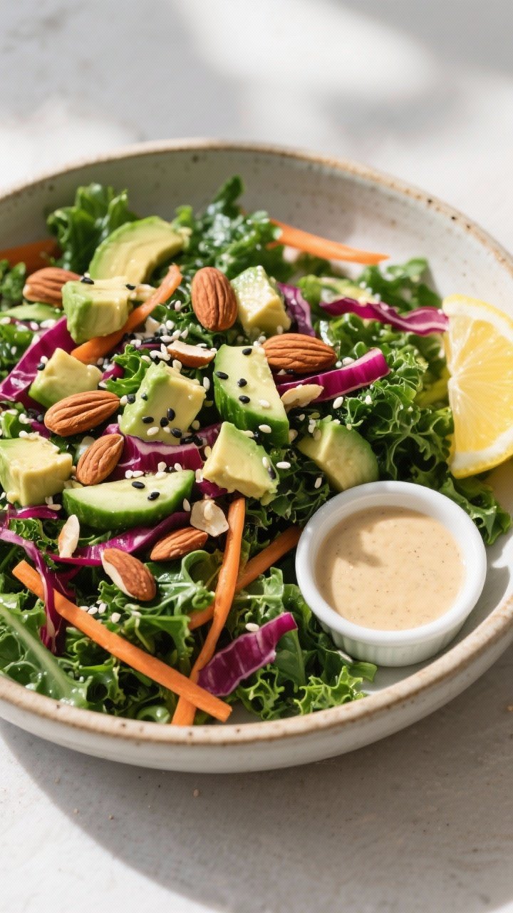 Tasty top view: Overhead shot of the assembled kale salad in a wide, shallow ceramic bowl—massaged