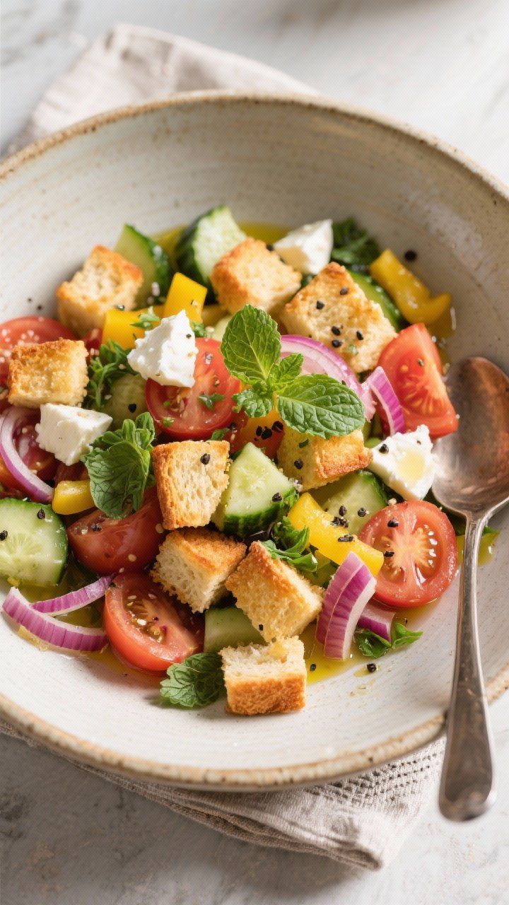 Tasty top view: Overhead shot of the assembled panzanella in a wide, rustic ceramic bowl—golden to