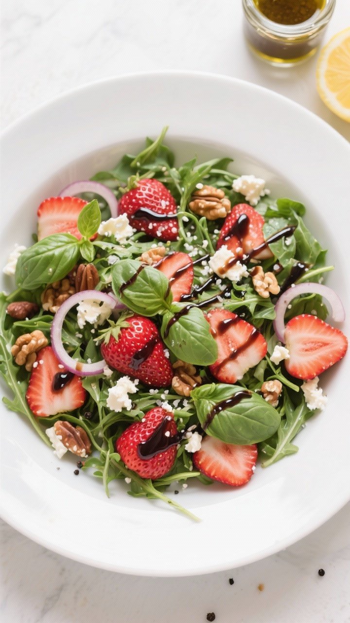 Tasty top view: Overhead shot of the assembled Strawberry Salad with balsamic and basil in a wide, s