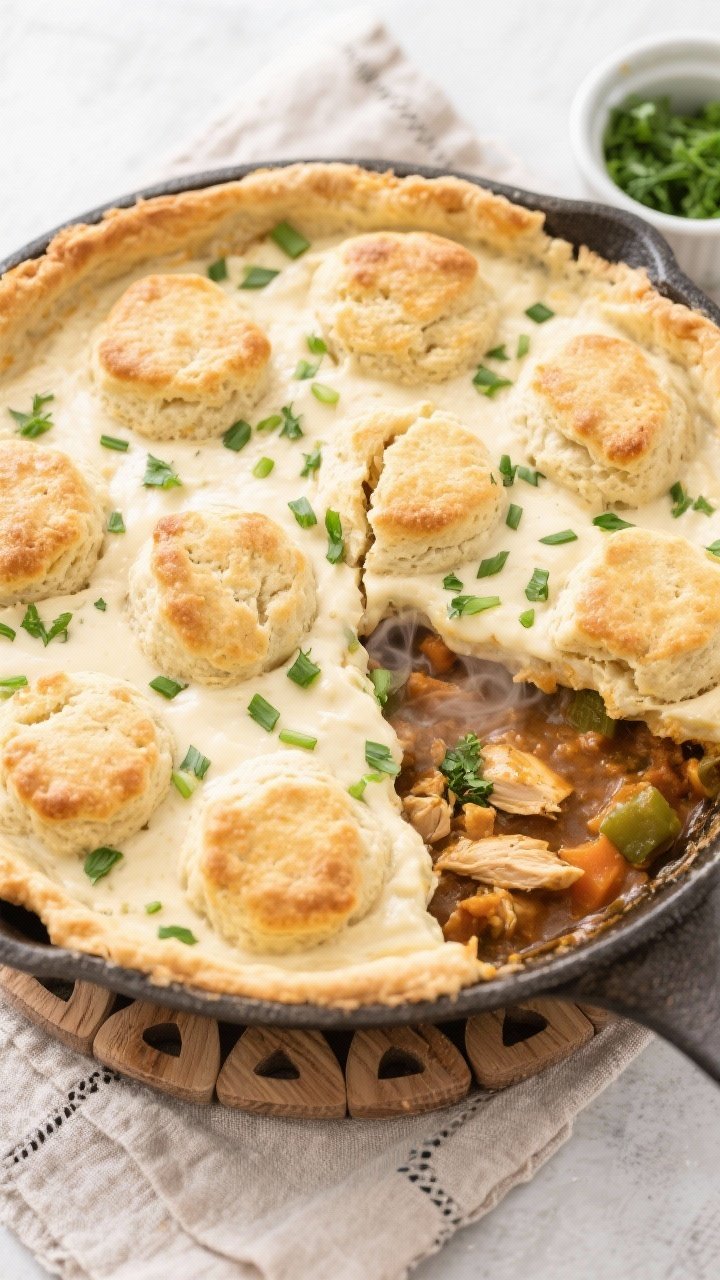 Tasty top view: Overhead shot of the baked Kula Pot Pie in the skillet—8–10 biscuit mounds evenl