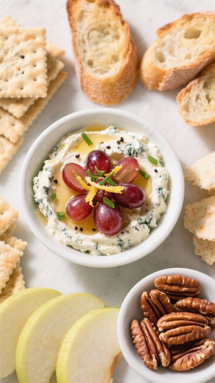 Tasty top view: Overhead shot of the chilled gorgonzola grape spread served in a shallow white bowl,