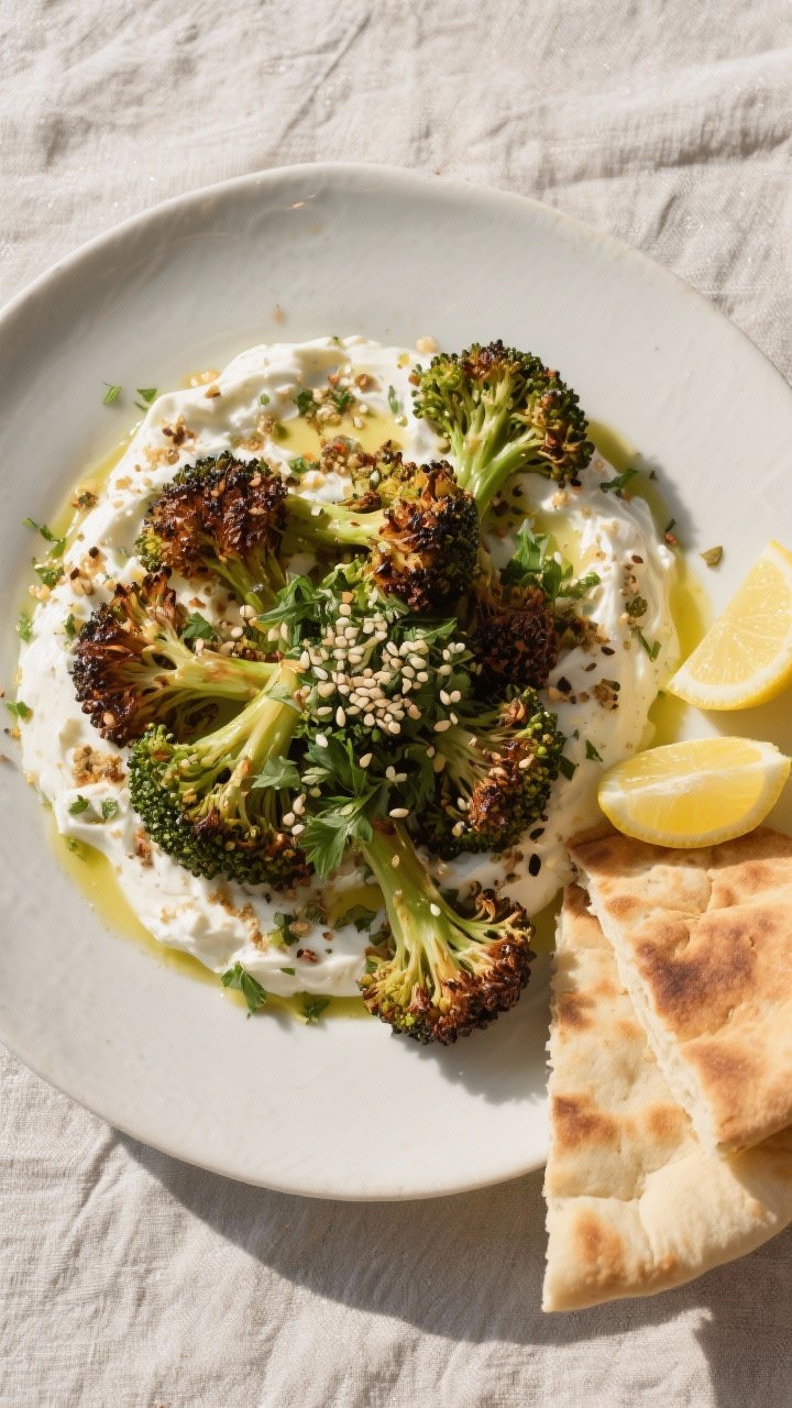 Tasty top view: Overhead shot of the completed dish arranged for serving—broccoli with deeply brow