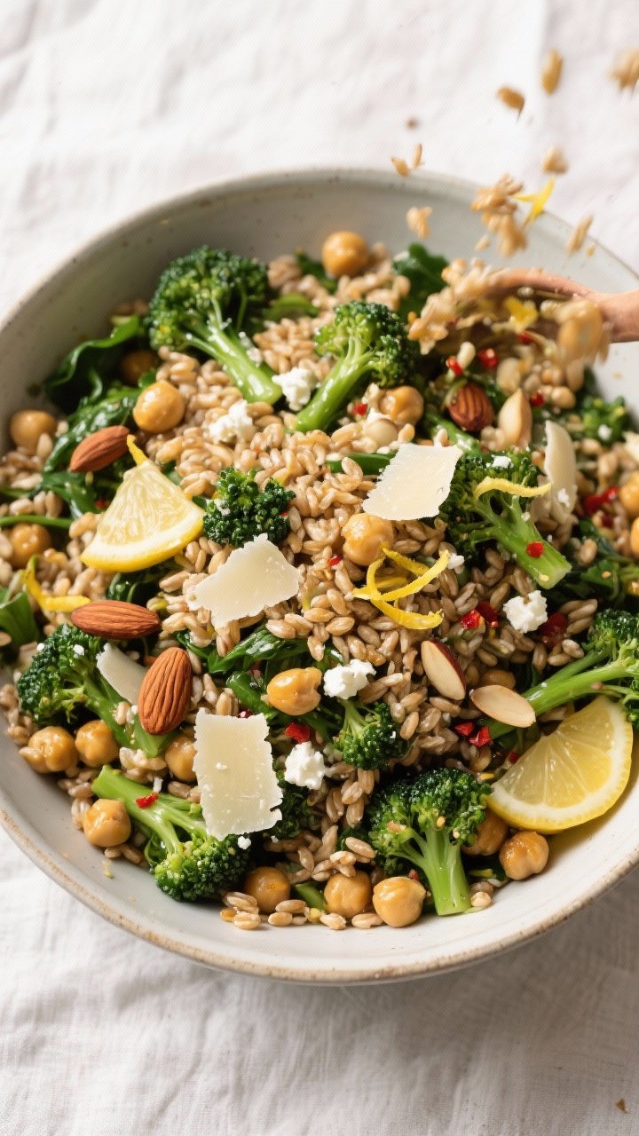 Tasty top view: Overhead shot of the Farro & Broccoli Rabe Salad mid-toss in a large mixing bowl—c