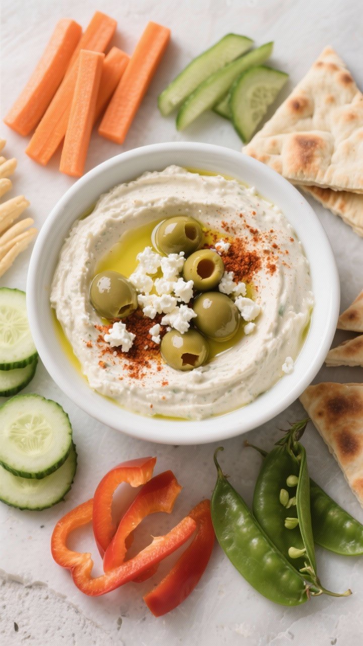 Tasty top view: Overhead shot of the final dip in a shallow white bowl, garnished with a drizzle of 