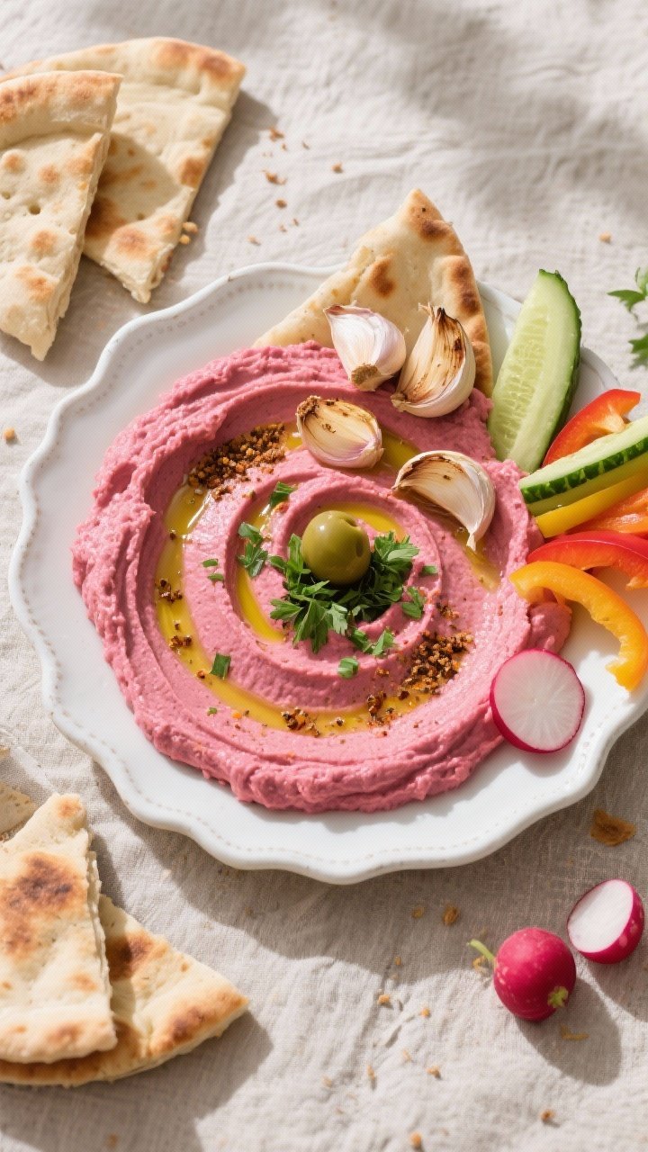 Tasty top view: Overhead shot of the final hummus spread — vibrant pink hummus swirled in a white-