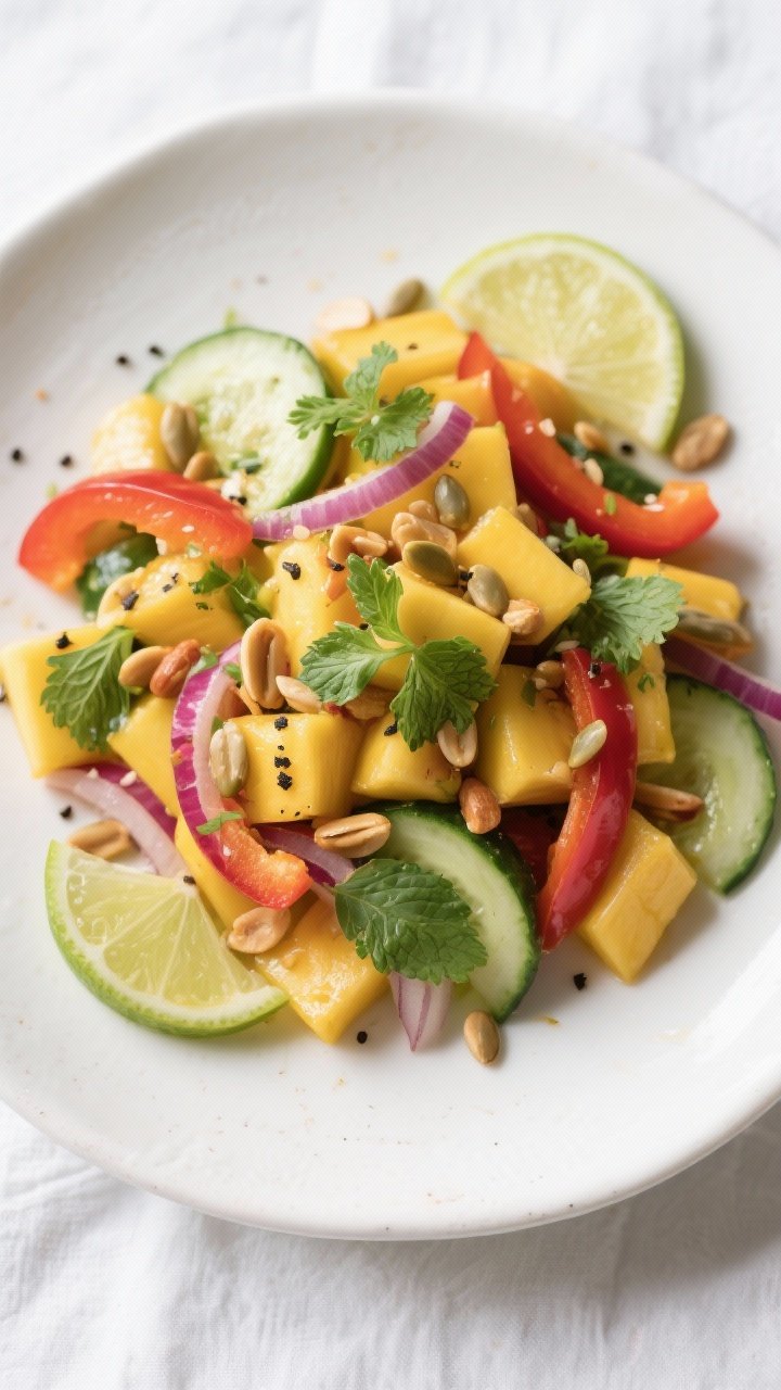 Tasty top view: Overhead shot of the final plated Mango Pepper Salad arranged on a wide white cerami