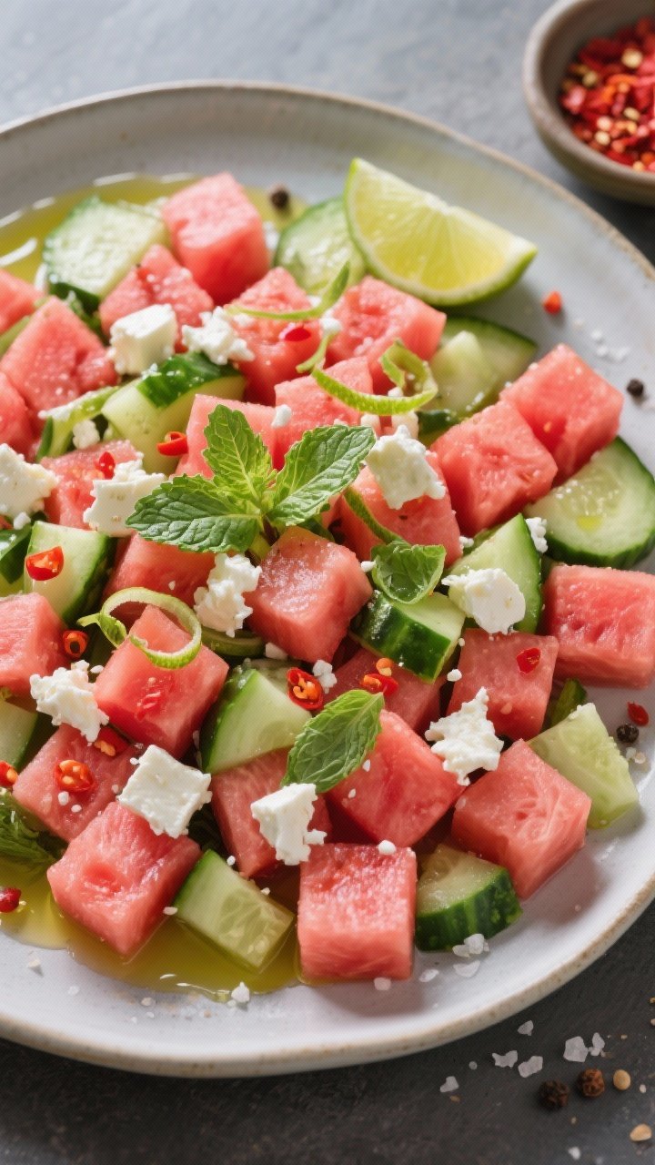 Tasty top view: Overhead shot of the final salad arranged on a flat, wide serving platter—tight mo
