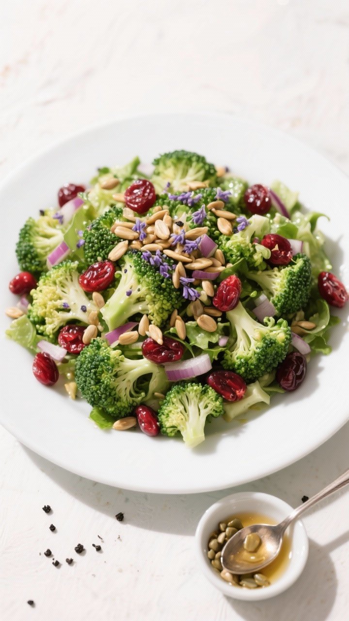 Tasty top view: Overhead shot of the finished Best Broccoli Salad mounded on a wide white platter; e