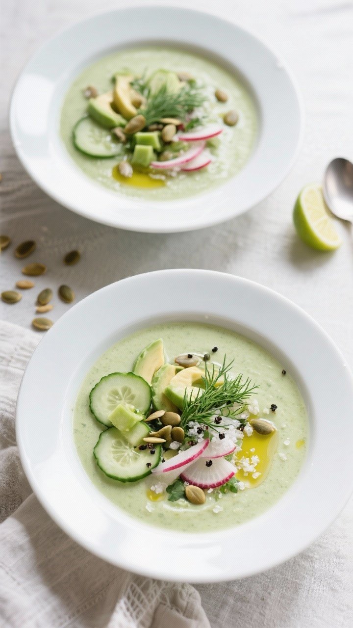Tasty top view: Overhead shot of the finished chilled soup in wide white bowls, garnished with thin 