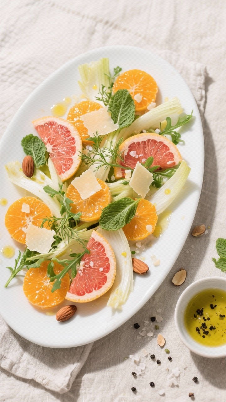 Tasty top view: Overhead shot of the finished Citrus Fennel Salad on a wide white platter, showing a