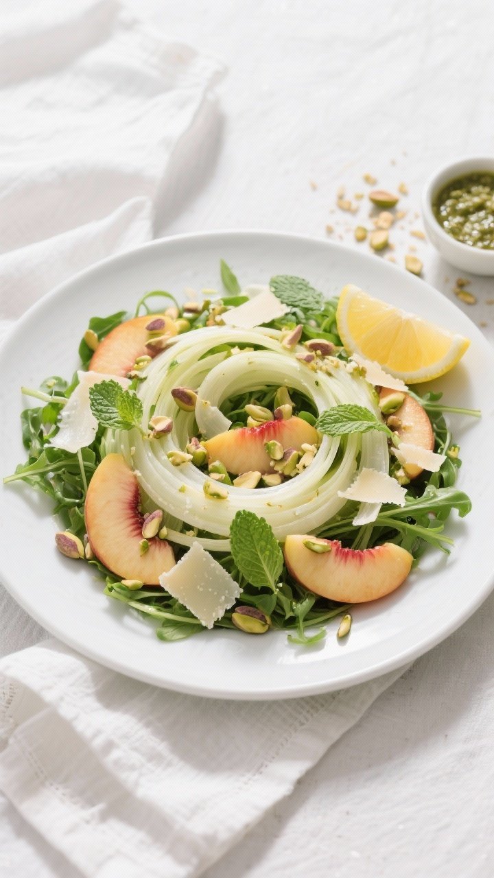 Tasty top view: Overhead shot of the finished Fennel and Peach Salad on a matte white shallow platte