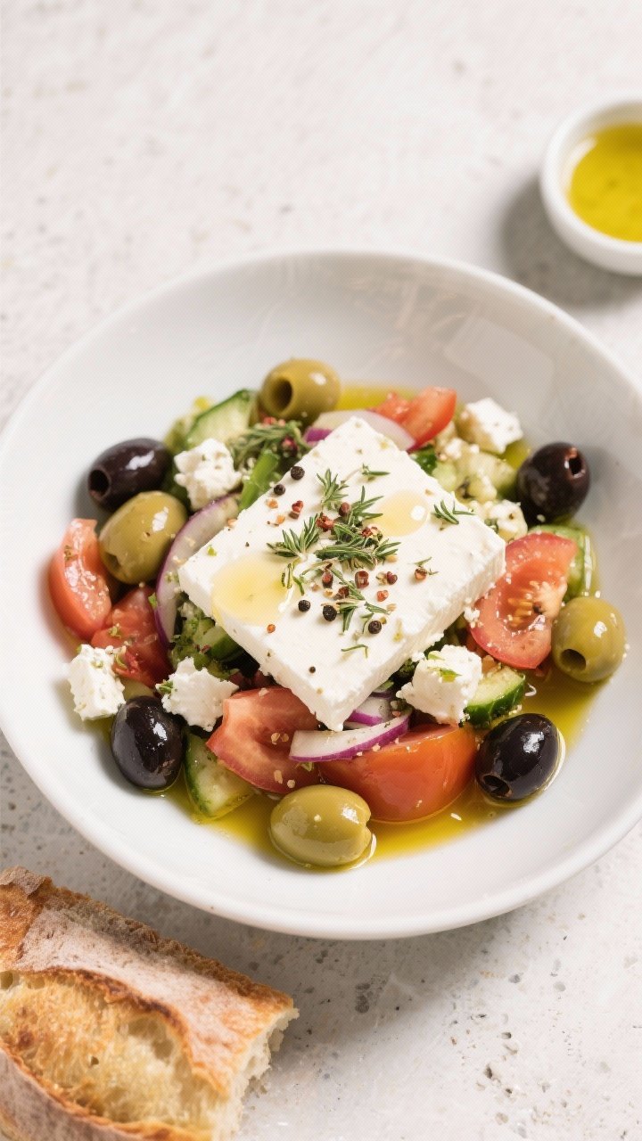 Tasty top view: Overhead shot of the finished Greek Salad With Feta and Olives, showcasing chunky pr