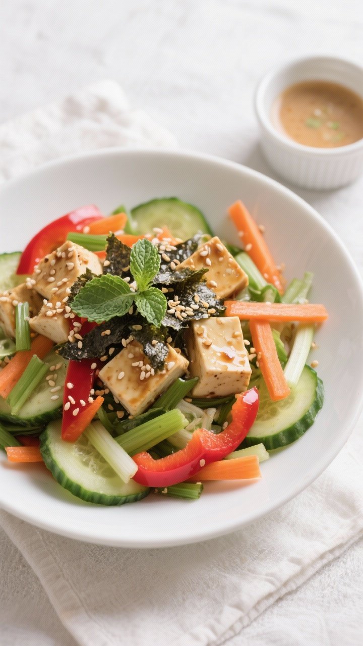 Tasty top view: Overhead shot of the finished Japanese marinated tofu salad in a wide, shallow white