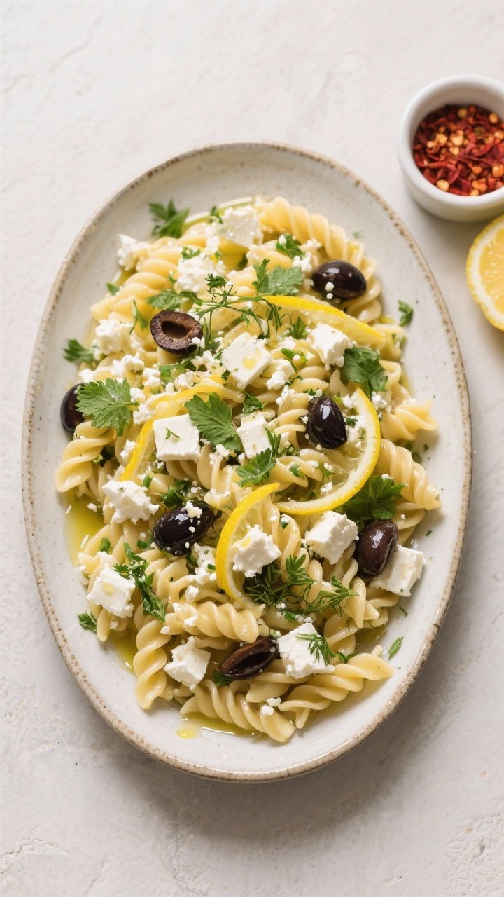 Tasty top view: Overhead shot of the finished pasta salad in a low, wide ceramic serving platter—c