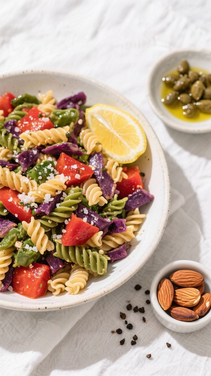 Tasty top view — Overhead shot of the finished Vegan Pasta Salad arranged family-style in a large 