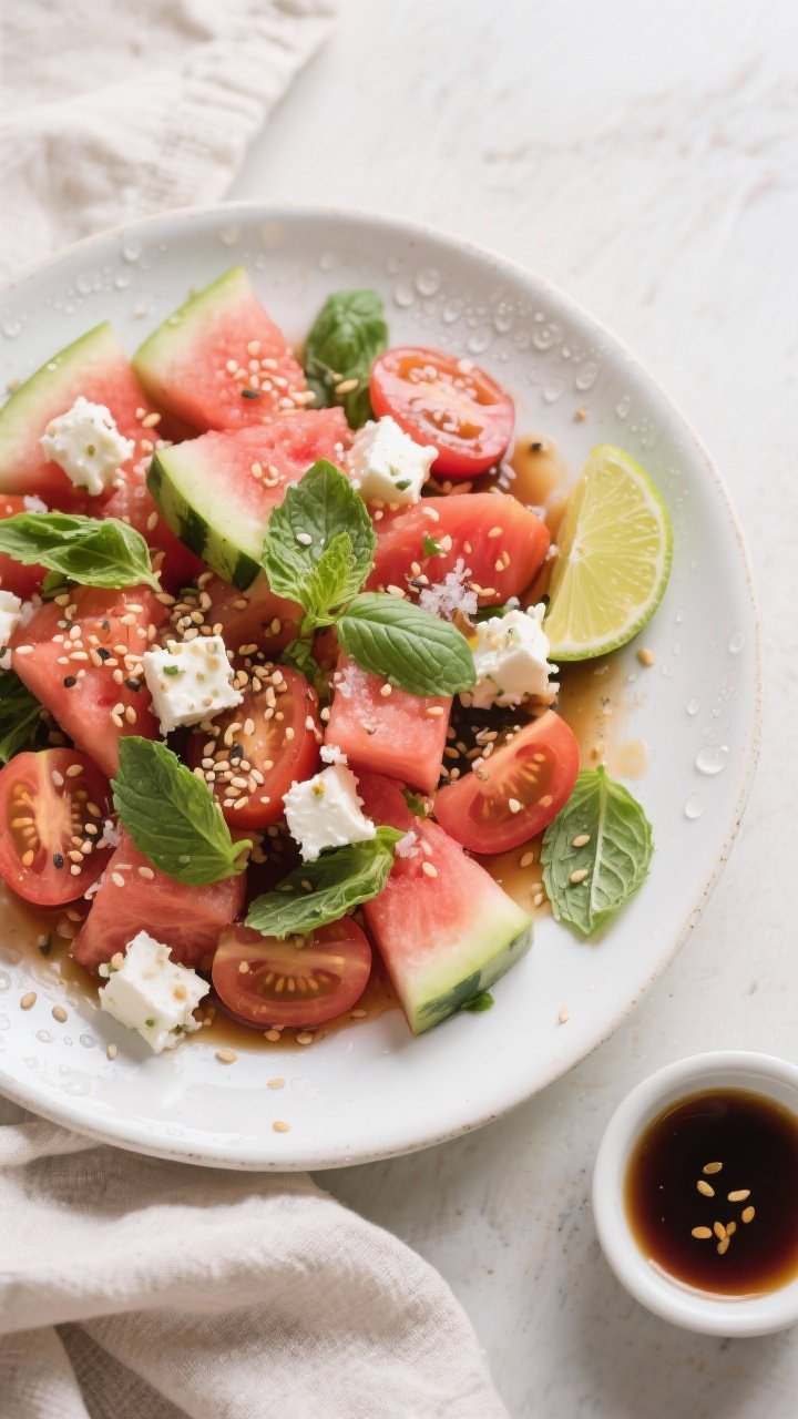Tasty top view: Overhead shot of the finished Watermelon Tomato Salad with Tamari in a shallow white