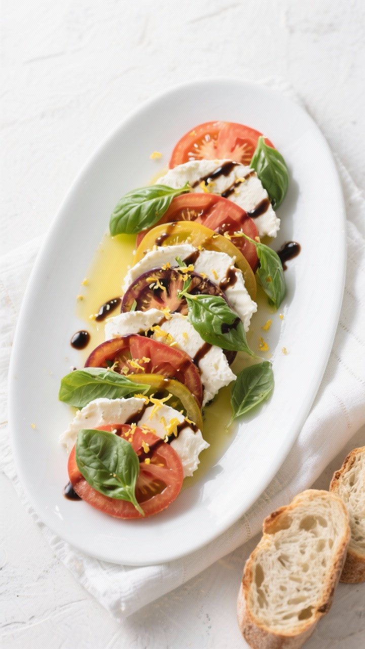 Tasty top view: Overhead shot of the fully assembled Heirloom Tomatoes with Basil & Buffalo Mozzarel