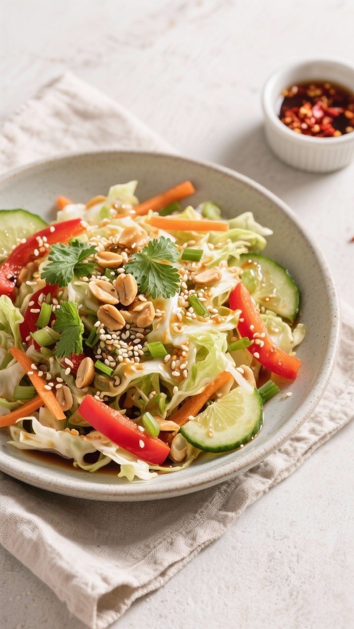 Tasty top view: Overhead shot of the fully dressed cabbage salad resting 5–10 minutes to soften sl