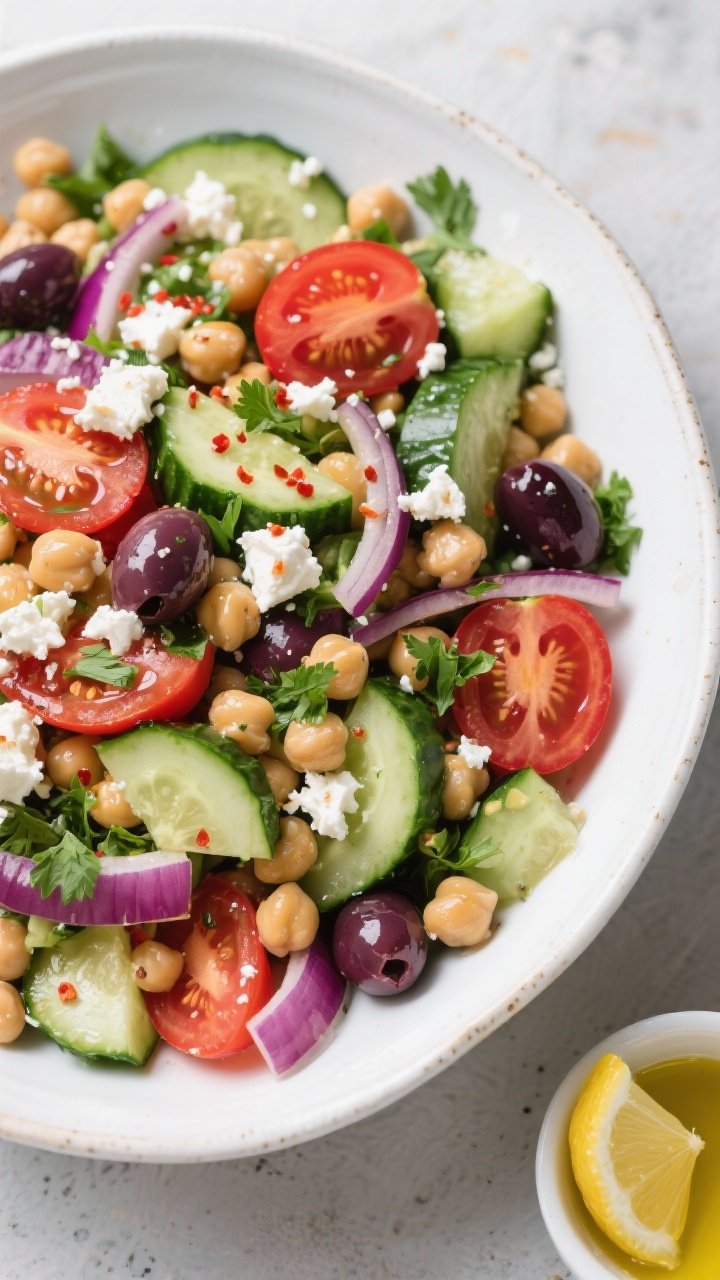 Tasty top view: Overhead shot of the fully tossed Mediterranean Chickpea Salad in a large white cera